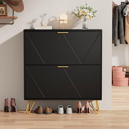 JOZZBY Shoe Cabinet for Entryway Slim Set of 2, Black Shoe Cabinet with 2 Flip Drawers, Narrow Shoe Slim Shoe Storage Cabinet Entryway, Hallway, Living Room