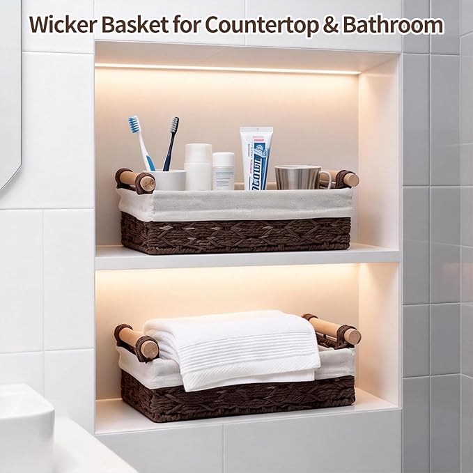 Storage Basket Wicker Baskets for Organizing, Storage Bins for Countertop & Toilet Paper, Toilet Tank Top Organizer (Set of 2, Dark-Brown)