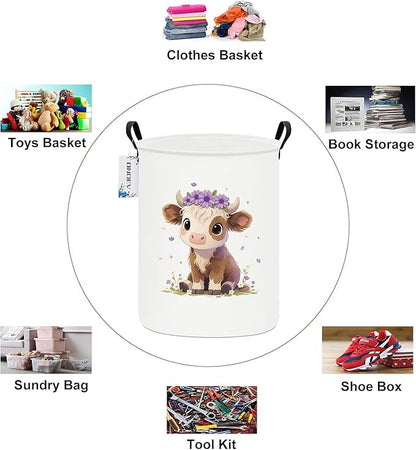 Round Cow Laundry Basket,Collapsible Laundry Hamper for Nursery,Cute Highland Cow Toy Storage Bin for Kids,Waterproof Storage Basket for Home,Bedroom,Playroom,New Parent Gift (Cute calf)