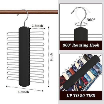 2 Pack Tie Rack for Closet, Premium Wooden Necktie Organizer Storage Tie/Belt Hanger, 360 Degree Swivel Space Saving Ties Holder for Men Hanging 40 Ties Black