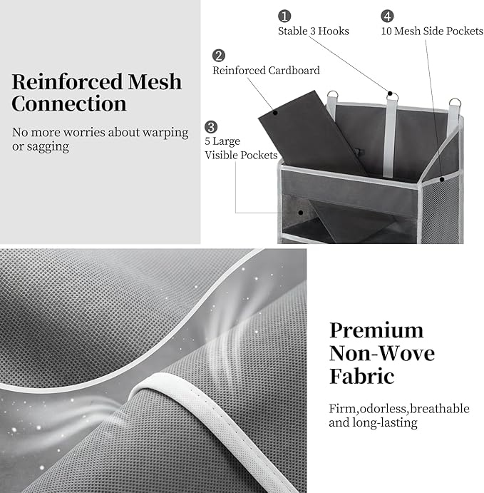 Over the Door Organizer with 5 Large Pockets and 10 Mesh Side Pockets, Hanging Organizer with Clear Windows 44 lbs Weight Capacity for Bedroom, Bathroom, Pantry, Nursery Dark Gray