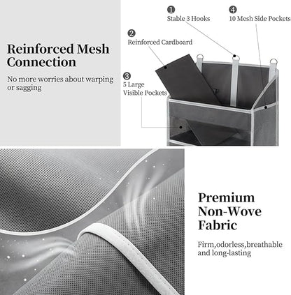 Over the Door Organizer with 5 Large Pockets and 10 Mesh Side Pockets, Hanging Organizer with Clear Windows 44 lbs Weight Capacity for Bedroom, Bathroom, Pantry, Nursery Dark Gray