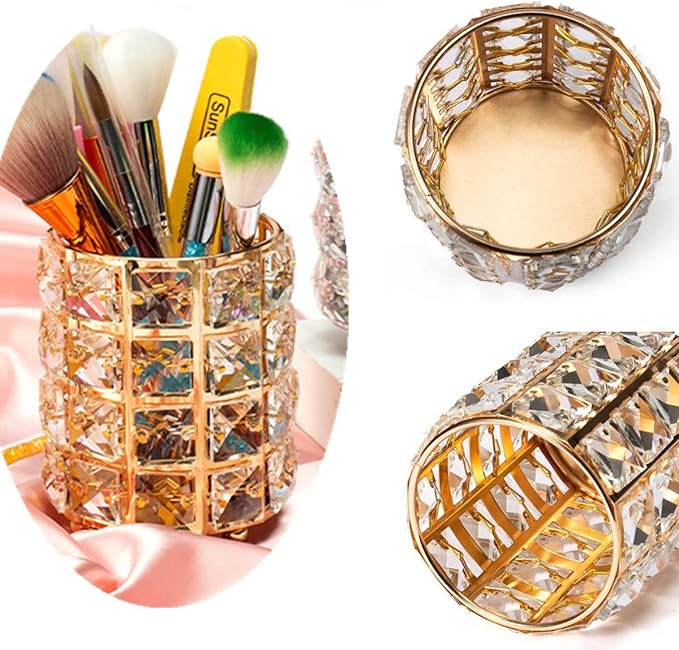 Crystal Beads Makeup Brush Holder, Makeup Brush Organizer Vanity Decor, Handcrafted Cosmetics Brushes Cup, Crystal Cup for Makeup Brushes(Gold)
