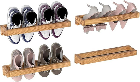 Nisorpa 20 Inch Rustic Burnt Wood Hanging Shoe Rack, Wall Mounted Shoe Rack Storage Organizer Space Saving Footwear Holder for Closet, Mudroom, Entryway, Holds 8 Pairs, Set of 4