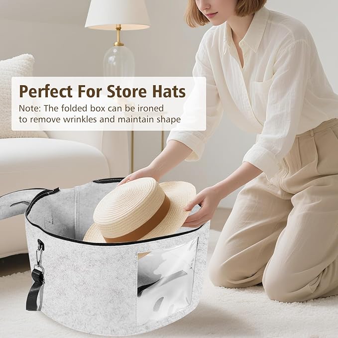 HEAVYWOOD Hat Box for Women Storage Travel Felt Hat Case for Wide-Brim Cowboy Hat Storage Foldable Organizer for Closet Large Round Hat Carrier with Portable Handle Shoulder Strap (Light Gray)