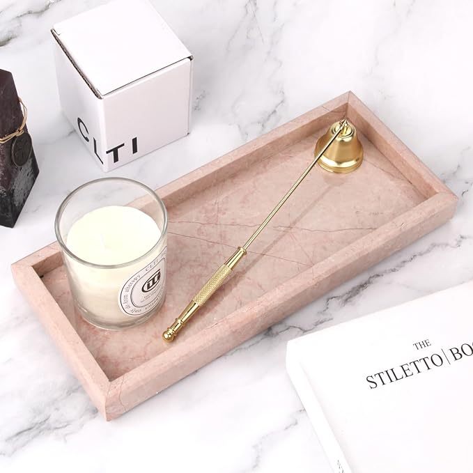Marble Bathroom Vanity Tray, Natural Luxury Vanity Home Kitchen Bathroom Table Tray, Stone Decorative Countertop Dresser Trays for Key Coffee Perfume Jewelry Makeup (Pink/Cream Rose, 12"x 5" x1.2")