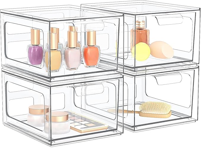 SpaceHacks 4 Pack Stackable Plastic Makeup Organizer Drawers, Acrylic Organizers, Clear Storage Bins with Pull-Out Handles for Vanity, Kitchen Cabinets, Pantry