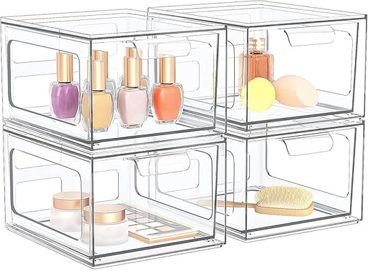 SpaceHacks 4 Pack Stackable Plastic Makeup Organizer Drawers, Acrylic Organizers, Clear Storage Bins with Pull-Out Handles for Vanity, Kitchen Cabinets, Pantry