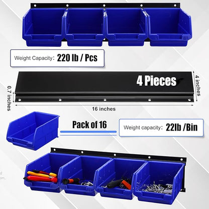 Maitys Wall Mounted Storage Bins Plastic Hanging Stackable Storage Parts Garage Tool Organizer for Screws, Nuts, Bolts, Nails, and Small Hardware Parts, 16x Bins & 4 x Rails(Blue)