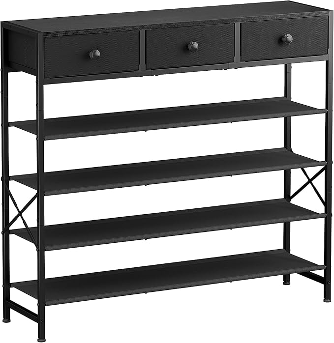 Shoe Rack, 5 Tier Shoe Organizer with 3 Drawers, Metal Shoe Storage for 24-30 Pairs of Shoes with Fabric Shelves and Wooden Top, Narrow Shoe Shelf for Closet Entryway Black