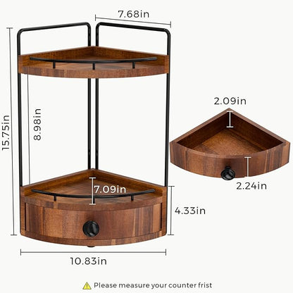 2-Tier Corner Bathroom Counter Organizer with Drawer & Embedded Screw Holes - Wooden Countertop Organizers for Skincare, Makeup Storage, Bathroom Sink Counter Shelf for Vanity, Acacia Wood-Brown