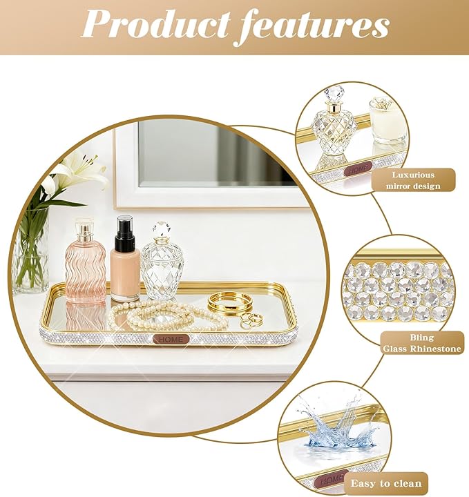 Bathroom Gold Tray Jewelry Perfume Makeup Organizer Decorative Tray for Vanity, Dresser, Bathroom, Bedroom Entrance Hall, Living Room(11.8IN White)