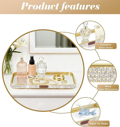 Bathroom Gold Tray Jewelry Perfume Makeup Organizer Decorative Tray for Vanity, Dresser, Bathroom, Bedroom Entrance Hall, Living Room(11.8IN White)