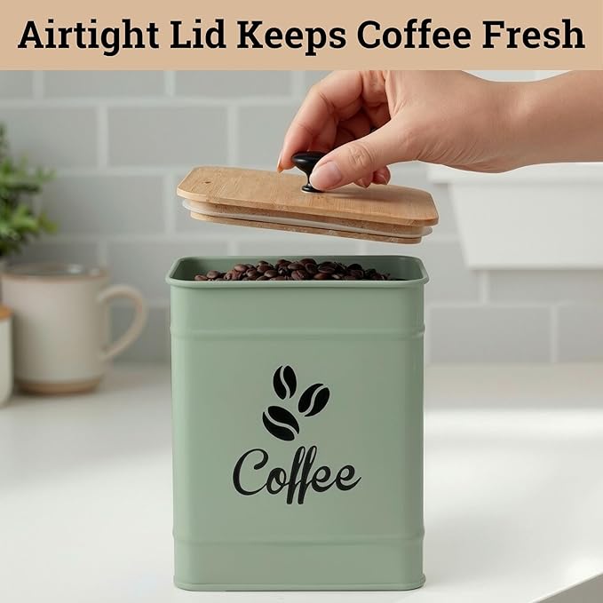 Airtight Coffee Canister - 40 oz Large Iron Sage Green Container Airtight - 6 x 8 inch Metal Jar - Stylish Countertop Container for Coffee Grounds, Beans & Pods with Rubber-Lined Bamboo Lid