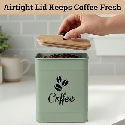 Airtight Coffee Canister - 40 oz Large Iron Sage Green Container Airtight - 6 x 8 inch Metal Jar - Stylish Countertop Container for Coffee Grounds, Beans & Pods with Rubber-Lined Bamboo Lid