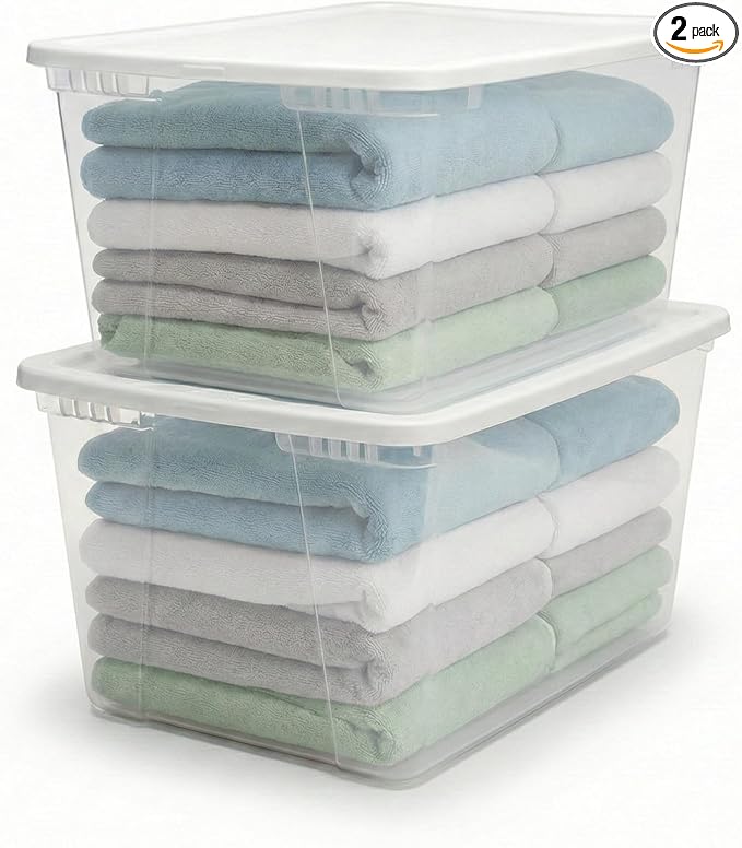 HOMZ 2-Pack Snaplock, Large Clear Plastic Storage Organizer Bins w/Lids, 56 Quart, White - Stackable Container Boxes for Bedroom, Bathroom, Garage, and Office Organization