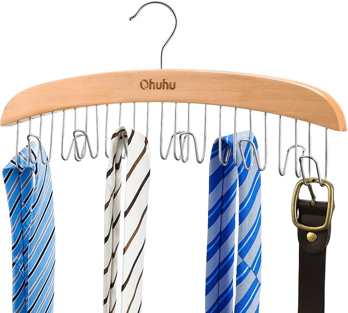 Belt Hanger Organizer for Closet: Ohuhu 12 Hooks Max 36 Belts Tie Rack Wooden Belt Holder for Storage 360 Degree Rotating Space Saver Organizer for Men Women Belt Tie Scarf Accessories-Burlywood