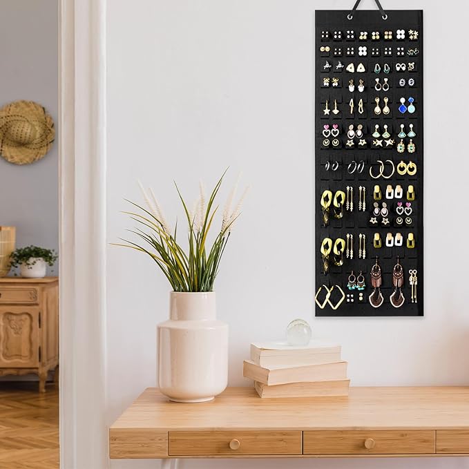 Lolalet Hanging Earring Holder Organizer with 20 Hooks for Women, Earring Organizer Wall Earrings Hanger Pierced Earring Storage, Felt Stud Earring Display, 608 Holes for Earrings - Black, 2 Pack