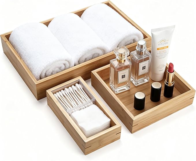 Natural Bamboo Vanity Organizer Set - Wooden Bathroom/Kitchen Countertop Tray, Set of 3