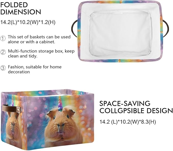 Large Storage Basket Rainbow Guinea Pig Unicorn Storage Bin Cube Canvas Fabric Organizer Handles Collapsible for Clothes Toys Bedroom Decorative