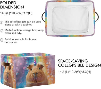 Large Storage Basket Rainbow Guinea Pig Unicorn Storage Bin Cube Canvas Fabric Organizer Handles Collapsible for Clothes Toys Bedroom Decorative