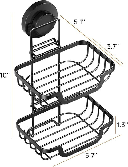 LEVERLOC Double Layer Soap Dish, Bar Soap Holder for Shower Wall, Vaccum Suction Cup Sponge Holder for Bathroom Tub Kitchen Sink, Stainless Steel, Waterproof, Removable, Black