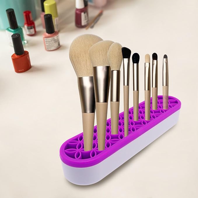 2Pcs Silicone Makeup Brush Holder Stand Purple Make Up Brushes Holder Organizer Makeup Brush Holders for Painting Pen Brushes Nail Clippers Drill Pens Ruler Sewing Craft Tools