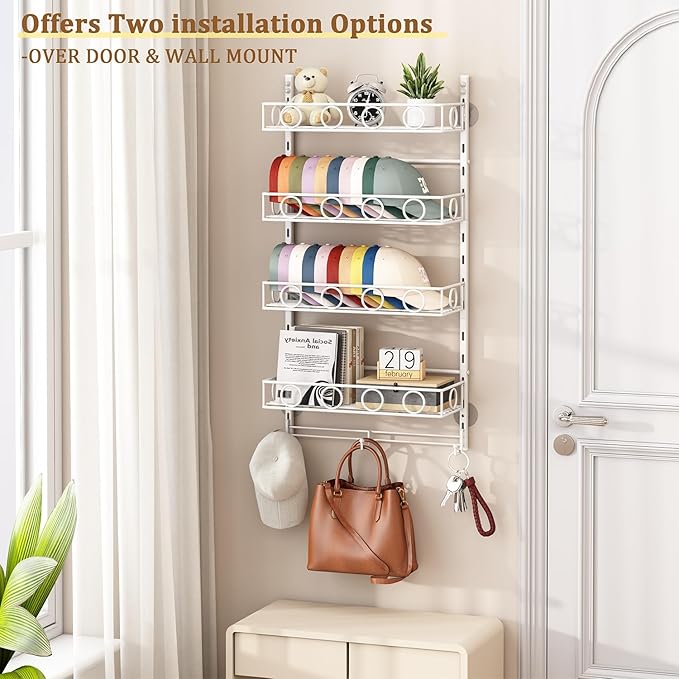 Over Door Hat Organizer 5 Tier Wall Mounted Hat Rack with 4 Adjustable Metal Basket and 3 Hooks Hat Organizer for Baseball caps Hat Hanger Holder Display for Door Closet Cap Organizer Storage