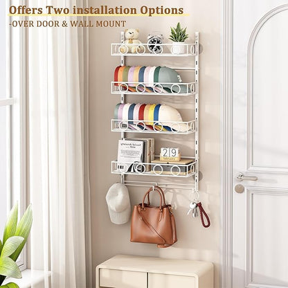 Over Door Hat Organizer 5 Tier Wall Mounted Hat Rack with 4 Adjustable Metal Basket and 3 Hooks Hat Organizer for Baseball caps Hat Hanger Holder Display for Door Closet Cap Organizer Storage
