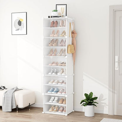 Shoe Rack 10 Tier Shoe Storage Cabinet with Door 20 Pair Tall Shoes Rack Organizer Free Standing Expandable Stable Plastic Easy Assembly Shoes Shelf for Closet Hallway Entryway Bedroom White