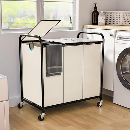 180L (47.55 Gal) Laundry Sorter 3 Section, Rolling Laundry Basket with Lockable Wheels and Lid, Laundry Hamper with 3 Separated Removable Bags Dirty Clothes Hamper for Laundry Room Organizer, White