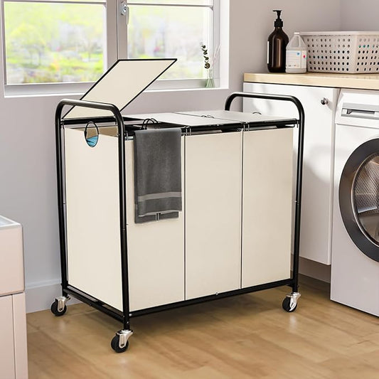180L (47.55 Gal) Laundry Sorter 3 Section, Rolling Laundry Basket with Lockable Wheels and Lid, Laundry Hamper with 3 Separated Removable Bags Dirty Clothes Hamper for Laundry Room Organizer, White