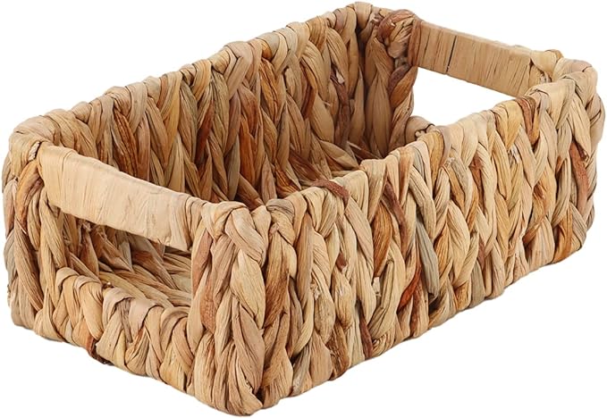 YAHUAN Woven Water Hyacinth Baskets for Organizing, Rectangular Wicker Baskets with Built-in Handles, Small Storage Baskets for Shelves (Water Hyacinth 1-Pack)