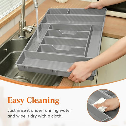 Lifewit Silverware Organizer, Plastic Kitchen Utensil Drawer Tray, Cutlery Flatware Storage Holder for Spoons Forks Knives, 28 x 16"/ 72 x 42cm, 10 Compartment, Gray