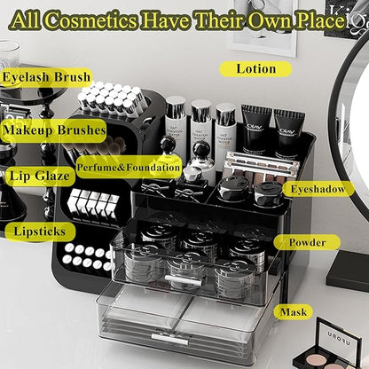 Makeup Organizer for Vanity with Brush Holder, Countertop Organizer with 2 Drawers,Spacious Cosmetic Display Case,Skincare Organizers and Cosmetic Storage for Dresser
