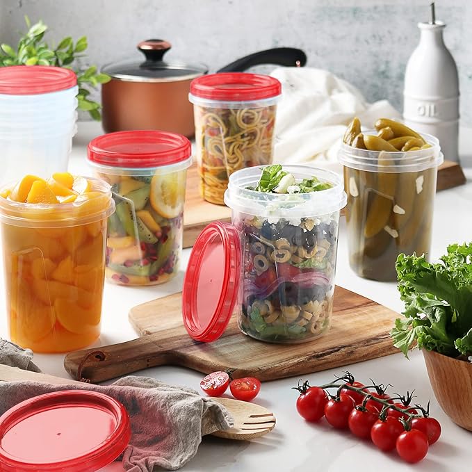 Freezer Containers for Food [32 Oz - 10 Pack] Freezer Storage Containers with Twist Top Lids | Reusable Plastic Soup Containers with Lids | Quart Containers with Screw on Covers | Leakproof, BPA Free