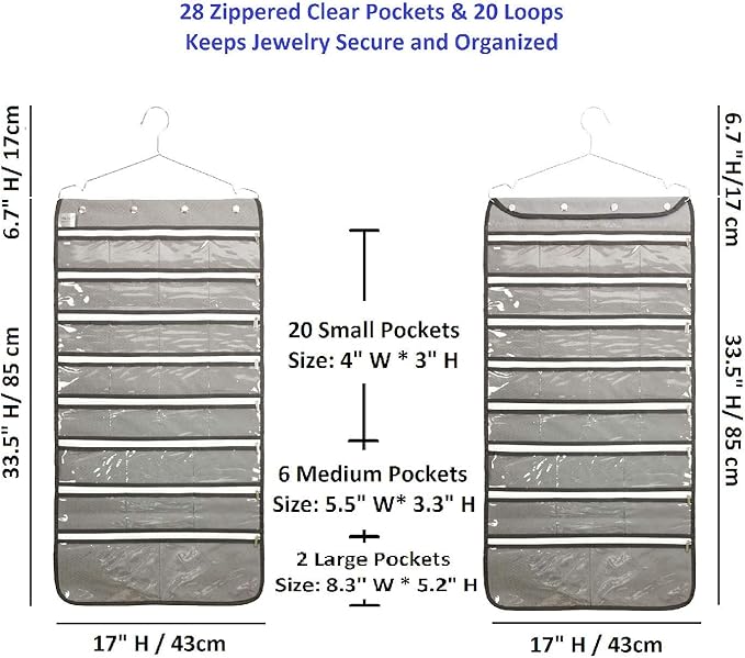 Dual Sided Hanging Jewelry Organizer with Hanger for Closet Necklace Earrings Bracelet Ring Travel Holder (56 Zippered Clear Pockets Grey)
