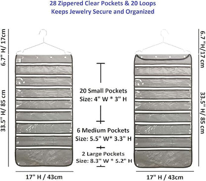 Dual Sided Hanging Jewelry Organizer with Hanger for Closet Necklace Earrings Bracelet Ring Travel Holder (56 Zippered Clear Pockets Grey)