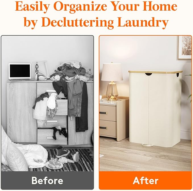 Lifewit 170L Double Laundry Hamper with Lid, Large Laundry Basket with Removable Bag & Bamboo Handles, Fodable Tall Dirty Clothes Hamper for Laundry Collapsible Bin for Bathroom Bedroom Dorm, Beige