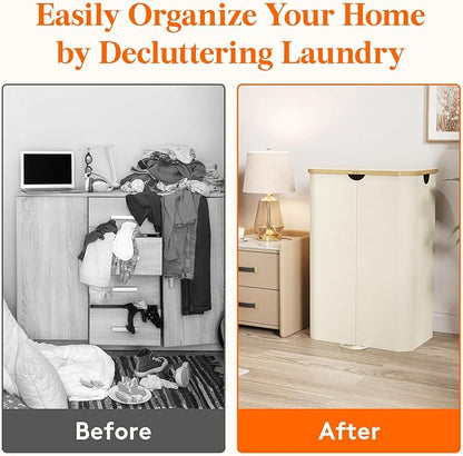 Lifewit 170L Double Laundry Hamper with Lid, Large Laundry Basket with Removable Bag & Bamboo Handles, Fodable Tall Dirty Clothes Hamper for Laundry Collapsible Bin for Bathroom Bedroom Dorm, Beige