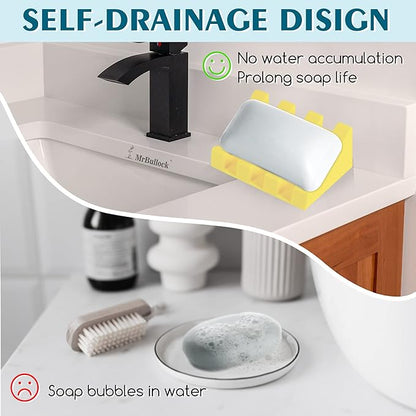 2 Pack Self Draining Silicone Soap Dish for Shower & Kitchen - Non-Slip Waterfall Bar Soap Holder Tray, Soap Saver Keeps Soap Dry, Easy to Clean & Hygienic (Yellow)