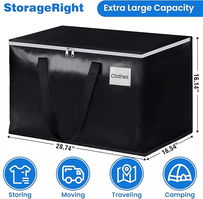 StorageRight Large Moving Bags Heavy Duty Storage Totes for Storage,Packing & Moving Collapsible Moving Supplies with Large Capacity, Reinforced Zippers and Handles, 125L, 6 Packs