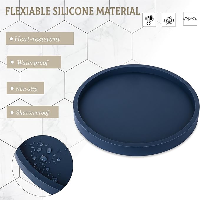 Silicone Bathroom Tray Round Vanity Tray Decorative Soap Holder Kitchen Countertop Organizer Coffee Table Decor for Candle, Perfume, Plant, 9 Inch, Dark Blue