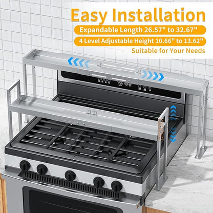 Stove Top Shelf,Adjustable 27 to 33 Inch Over the Stove Shelf for Back of Stove Spice Rack for Countertop,4 Level Height Spice Rack Organizer Seasoning Organizer for Kitchen Stove,Silver