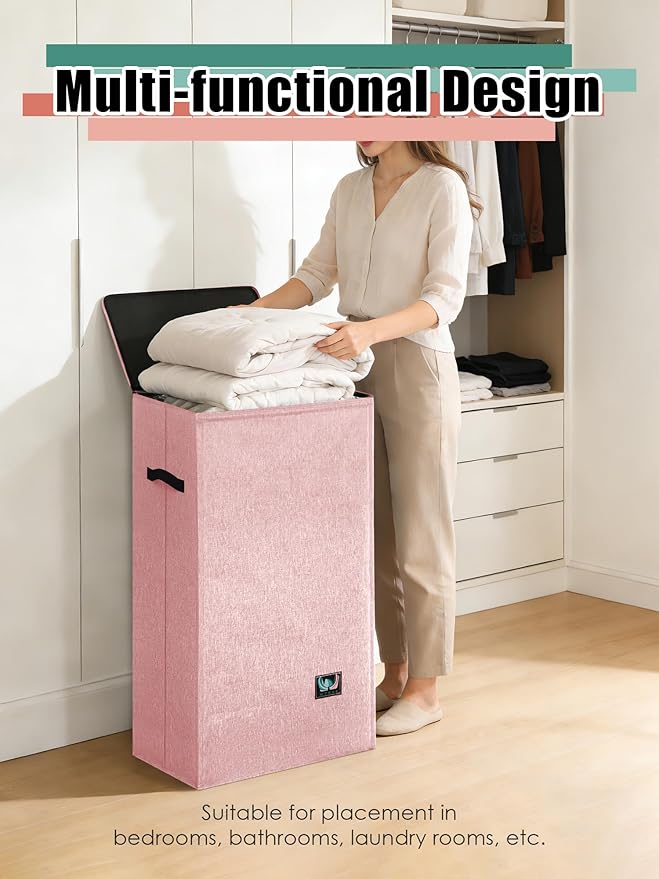 WTREE Laundry Hamper with Lid, Reinforced Sturdy Clothes Hamper with Anti-Puncture Base, Large Collapsible Laundry Basket with Removable Liner Bag, Tall Dirty Clothes Bin for Family, 100L Pink