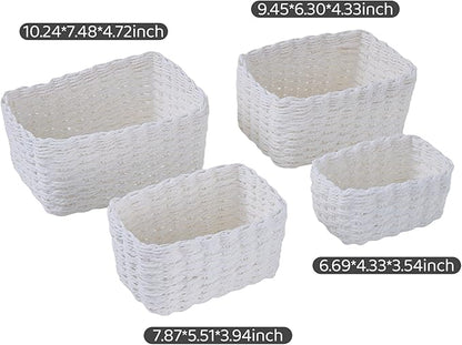 4PCS Woven Storage Baskets Set, Small Baskets for Organizing, Square Handwoven Paper Rope Organizer Bins for Shelves and Home Storage (White)