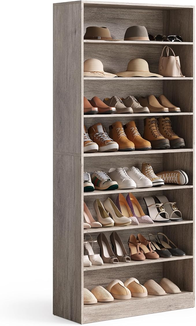 LITTLE TREE 9-Tier Shoe Cabinet, 32 Pairs Wooden Shoes Cabinet with Adjustable Shelves for Entryway, 70.9" Tall Shoe Cabinet, Freestanding Modern Shoe Organizer for Living Room Bedroom, Light Grey