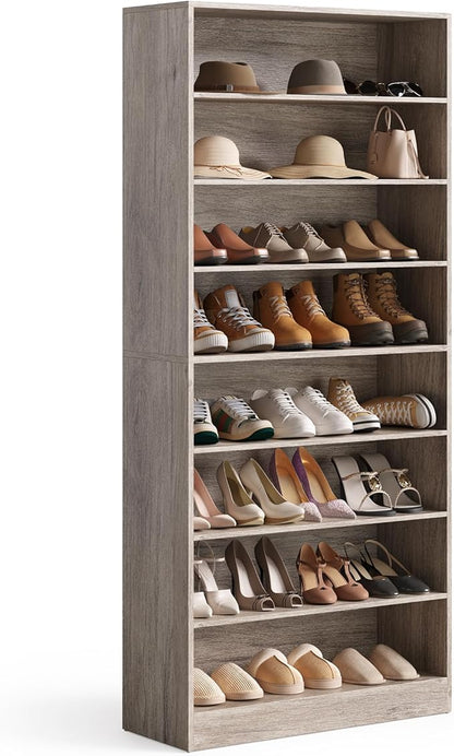 LITTLE TREE 9-Tier Shoe Cabinet, 32 Pairs Wooden Shoes Cabinet with Adjustable Shelves for Entryway, 70.9" Tall Shoe Cabinet, Freestanding Modern Shoe Organizer for Living Room Bedroom, Light Grey