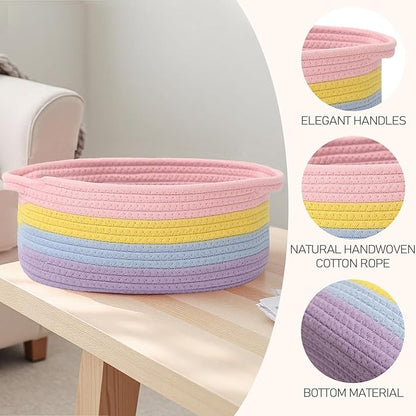 JMvicyroam Woven Basket,Small Rope Storage Bin with Handles & Ribbon Bag, Organizer for Shelves Closets,Gift Basket Empty for Birthday,Books,Dog Toys, Rainbow/2 Pack