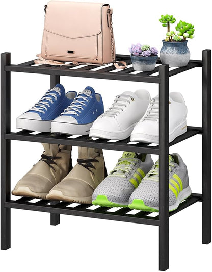viewcare Small Shoe Rack for Entryway,3-Tier Black Bamboo Shoe Organizer for Hallway Closet, Free Standing Shoe Racks for Indoor Outdoor